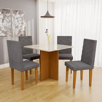 Conjunto Sala de Jantar Barcelona 4 Lugares Mesa Tampo de Vidro MDF Cadeiras Estofadas Freijó