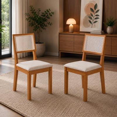 Poltrona Clara Luxo Telinha Ratan Estrutura em MDF Estofado em Linho Bege Bella Decor 45CM