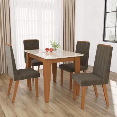 Conjunto Sala de Jantar Génova 4 Lugares Mesa Tampo de Vidro Freijó Off-White Fidelita Móveis