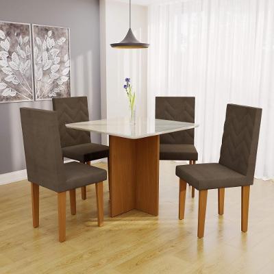 Conjunto Sala de Jantar Barcelona 4 Lugares Mesa Tampo de Vidro MDF Cadeiras Estofadas Freijó