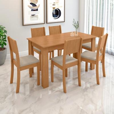 Conjunto Sala de Jantar Easy Line 6 Lugares Tampo MDF Cadeiras Linho Amêndoa Mesa 136CM Móveis Lopas