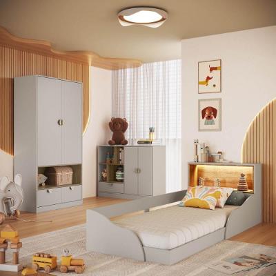 Cama com Guarda Roupa e Cômoda Montessoriana com Led 2 Portas 3 Gavetas MDP