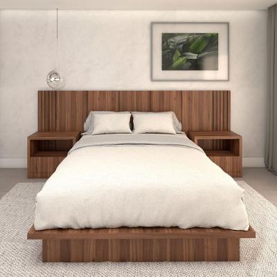 Cama Box Queen com Cabeceira e 2 Mesas de Cabeceira MDF Nogueira Cadiz 162CM 8 Volumes