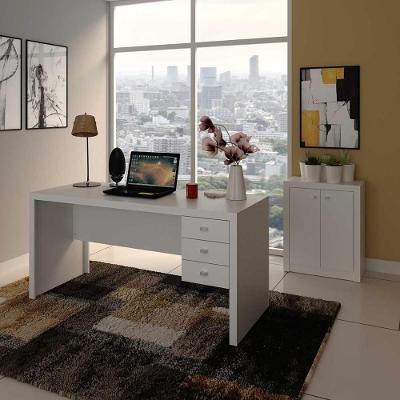 Kit Escritório com Mesa 3 Gavetas e Balcão 2 Portas MDP Branco Tecno Mobili