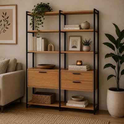 Estante para Sala Estante Sala com Gavetas 1 Porta 6 Prateleiras MDF 144,5CM Freijó com Preto