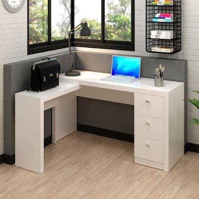 Escrivaninha em l para Escritório Reversível 3 Gavetas MDP 136CM Branco