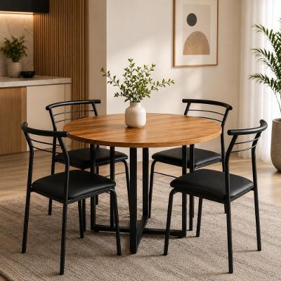 Conjunto Mesa Jantar Redonda 4 Lugares MDF Nogal e Preto 110CM Móveis Carraro