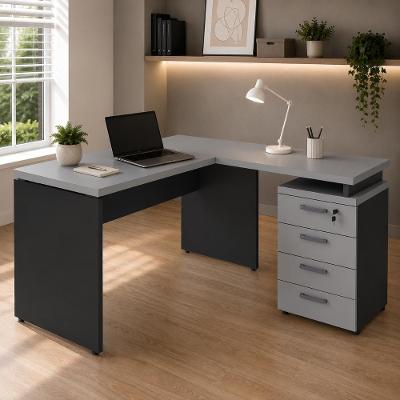 Escrivaninha em l com Gaveteiro Painel F5 Moderno 4 Gavetas MDF MDP 120CM Cinza Sagrado com Preto