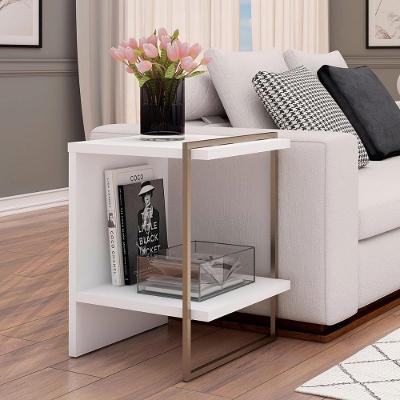Mesa Lateral MDF Metal Pintado 45CM Branco Fosco para Sala de Estar com 1 Prateleira