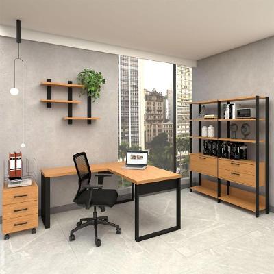 Mesa de Escritório em l Gaveteiro Estante Nicho Moderno 5 Gavetas 100% MDF Freijó com Preto Fosco