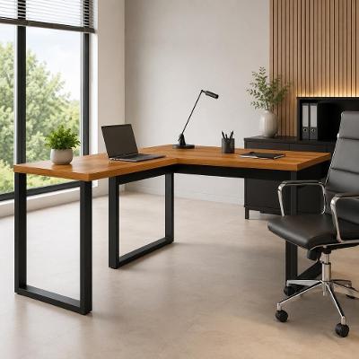 Mesa de Escritório em l Escrivaninha Industrial MDF 135CM Freijó com Preto Fosco Pradel Móveis