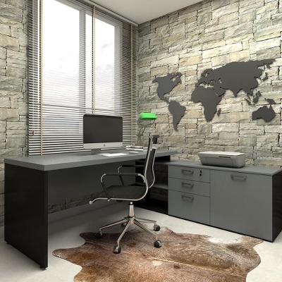Mesa de Escritório em l 170CM Tampo 40MM Balcão 3 Gavetas Cinza Sagrado com Preto F5 Office