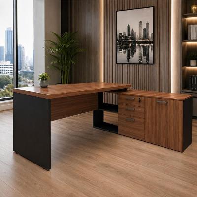 Mesa de Escritório em l 170CM com Balcão 3 Gavetas MDF-MDP Nogal com Preto F5 Office