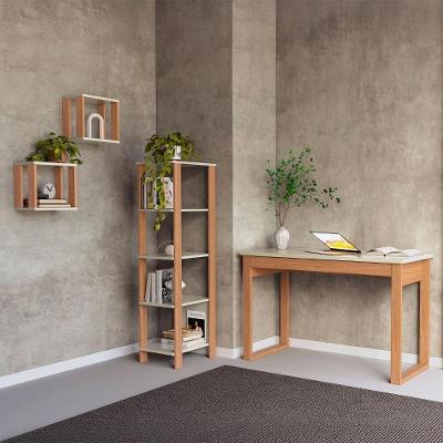 Mesa Escritório com Estante e Nichos Industrial MDF 118CM Off White com Freijó Pradel Móveis