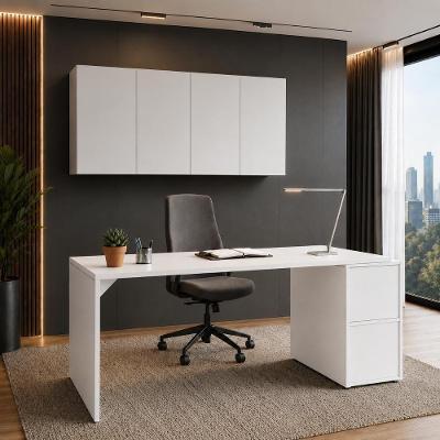 Mesa Escritório com Balcão Lateral e Armários Aéreos 170CM Branco F5 Office