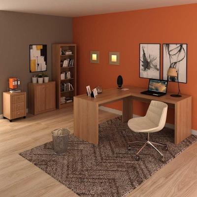 Kit para Escritório com Mesa em l Estante Balcão Gaveteiro 2 Portas 3 Gavetas MDP Amêndoa Tecno