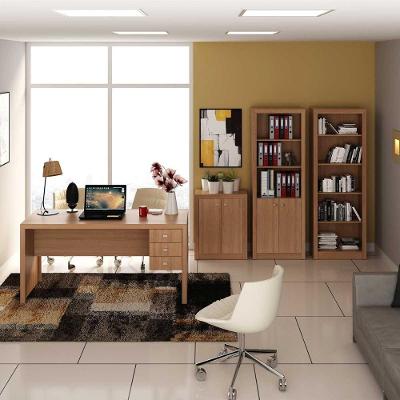 Kit para Escritório 4 Peças Mesa Estantes Balcão 2 Portas 3 Gavetas MDP Nogal Tecno Mobili