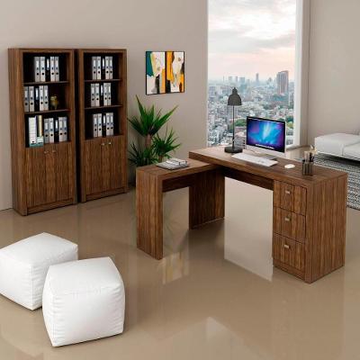 Kit Escritório com Mesa em l e Armários 4 Portas 3 Gavetas MDP 256CM Nogal