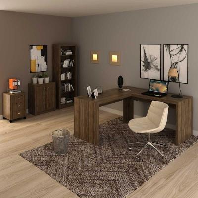 Kit para Escritório com Mesa em l Estante Balcão Gaveteiro 2 Portas 3 Gavetas MDP Nogal Tecno Mobili