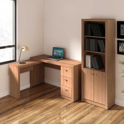 Kit para Escritório Mesa em l Estante 2 Portas 3 Gavetas Amêndoa Tecno Mobili