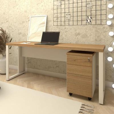Escrivaninha com Gaveteiro Mesa Industrial 3 Gavetas MDF-MDP 170CM Macadâmia com Branco
