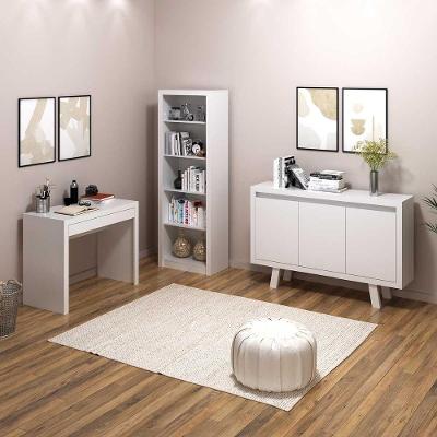 Kit para Escritório com Mesa Estante e Balcão Buffet 3 Portas 1 Gaveta MDP 135,8CM Branco