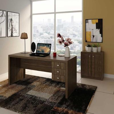 Kit Escritório com Mesa 3 Gavetas e Balcão 2 Portas MDP Nogal Tecno Mobili