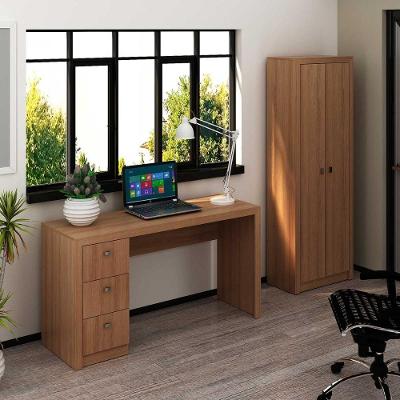 Kit para Escritório com Armário e Mesa 2 Portas 3 Gavetas MDP Amêndoa Tecno Mobili