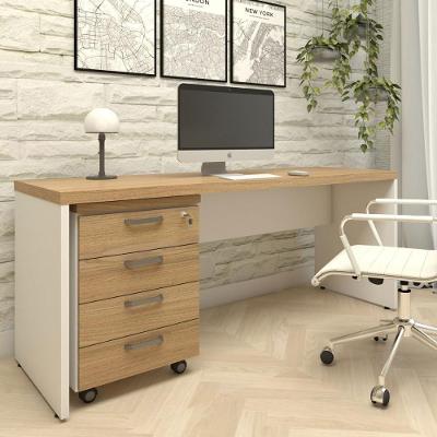 Escrivaninha com Gaveteiro F5 Office Contemporâneo 4 Gavetas MDP 170CM Macadâmia com Branco