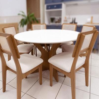 Conjunto Mesa de Jantar Mesa + 6 Cadeiras 6 Lugares Tampo MDF Tela Palha Bouclé Freijó Bege Rústico