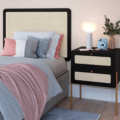 Conjunto Cabeceira Painel Solteiro Fixação na Parede MDP Nero com Dourado Mesa 2 Gavetas Artesano