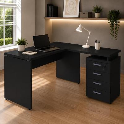 Escrivaninha em l com Gaveteiro 4 Gavetas Pés Painel 120CM Preto F5 Office