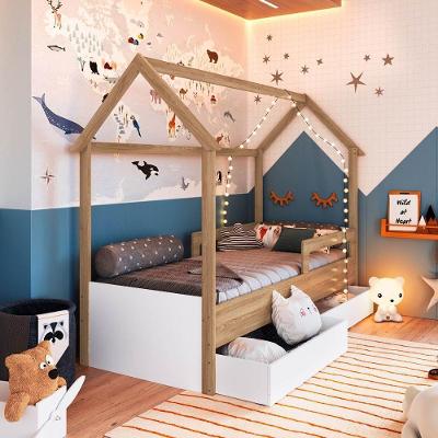 Cama Infantil Montessoriana Estilo Casinha 2 Gavetões MDP Aveiro Oak com Branco Completa Móveis