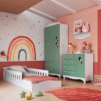 Quarto Infantil com Cama Montessoriana Guarda Roupa Cômoda Prateleira 3 Portas 4 Gavetas MDP Branco