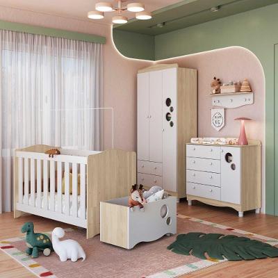 Quarto Infantil 5 Peças com Berço Guarda Roupa Cômoda Prateleira Caixa Organizadora MDP Carvalho