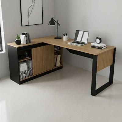 Mesa para Escritório em l Armário Lateral Porta de Correr 2 Nichos MDP 160CM Amêndoa com Preto Tecno