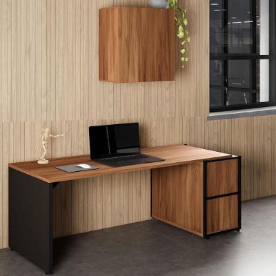 Mesa para Escritório com Balcão e Armário Aéreo 170CM MDP Nogal com Preto F5 Office