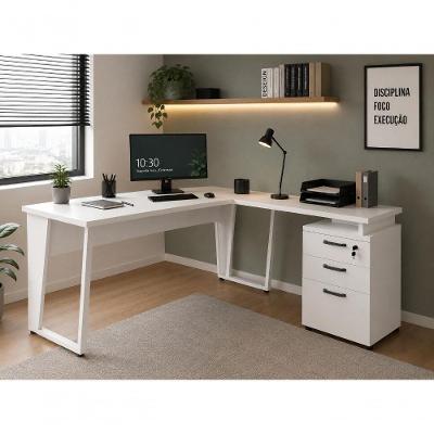 Mesa para Escritório em l com Gaveteiro Moderno 3 Gavetas MDP 150CM Branco F5 Office