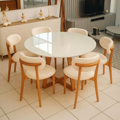 Mesa de Jantar Redonda 6 Lugares Tampo Vidro MDF Madeira Natural Off White com Mel e Linho Cru 135CM