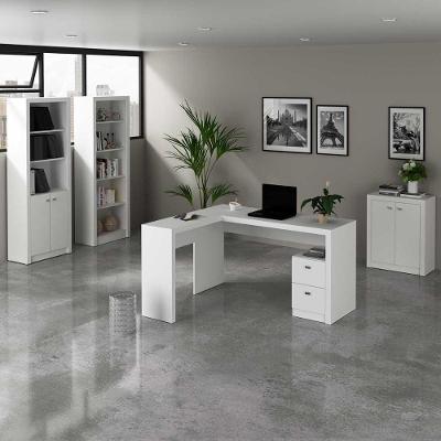 Kit Escritório Completo Mesa em l Balcão Estantes 4 Portas 2 Gavetas Branco Tecno Mobili