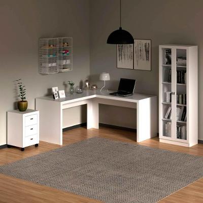 Kit Escritório Completo Mesa em l Armário 2 Portas 3 Gavetas MDP Branco Tecno Mobili