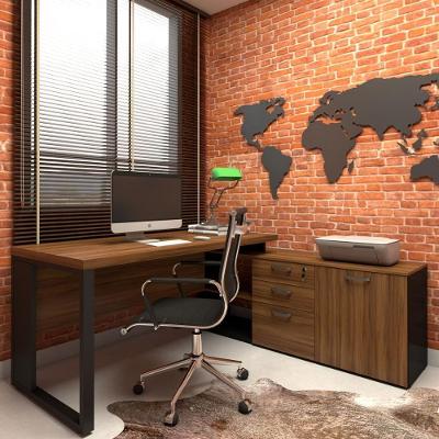 Mesa de Escritório em l Mesa Diretor em l Industrial 150CM 3 Gavetas Nogal com Preto F5 Office