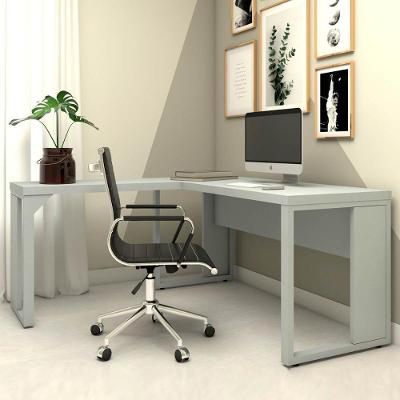 Mesa para Escritório em l 150CM X 150CM Pés Metal Moderno Cinza Claro F5 Office