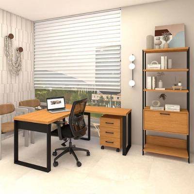 Mesa Escritório em l com Gaveteiro e Estante Moderno 3 Gavetas MDF 135CM Freijó com Preto Fosco