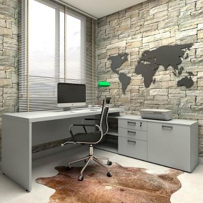 Mesa de Escritório em l 170CM Tampo 40mm Balcão 3 Gavetas MDF-MDP Cinza Claro F5 Office