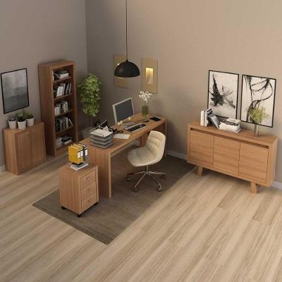 Kit Escritório Completo 5 Peças Mesa Estante Balcão Buffet Gaveteiro 5 Portas 3 Gavetas MDP Amêndoa