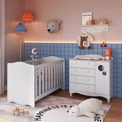 Quarto Infantil 3 Peças Berço 3 em 1 Cômoda 4 Gavetas 1 Porta MDP Branco Completa Móveis