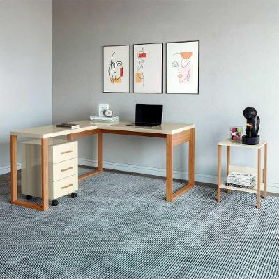 Mesa para Escritório Industrial com Gaveteiro e Mesa de Apoio 3 Gavetas MDF Off White com Freijó