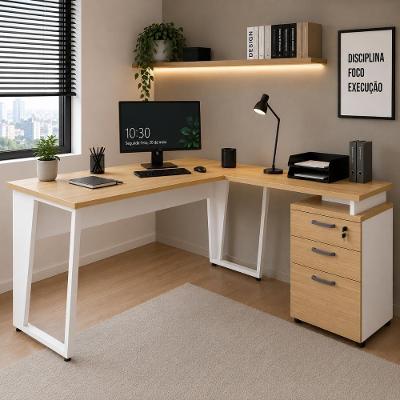 Mesa para Escritório em l Mesa Escritório com Gaveteiro Moderno 3 Gavetas 150CM Macadâmia com Branco