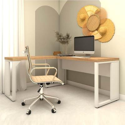 Mesa para Escritório em l Modelo 1,50m X 1,50m Pés Metal sem Gavetas Macadâmia com Branco